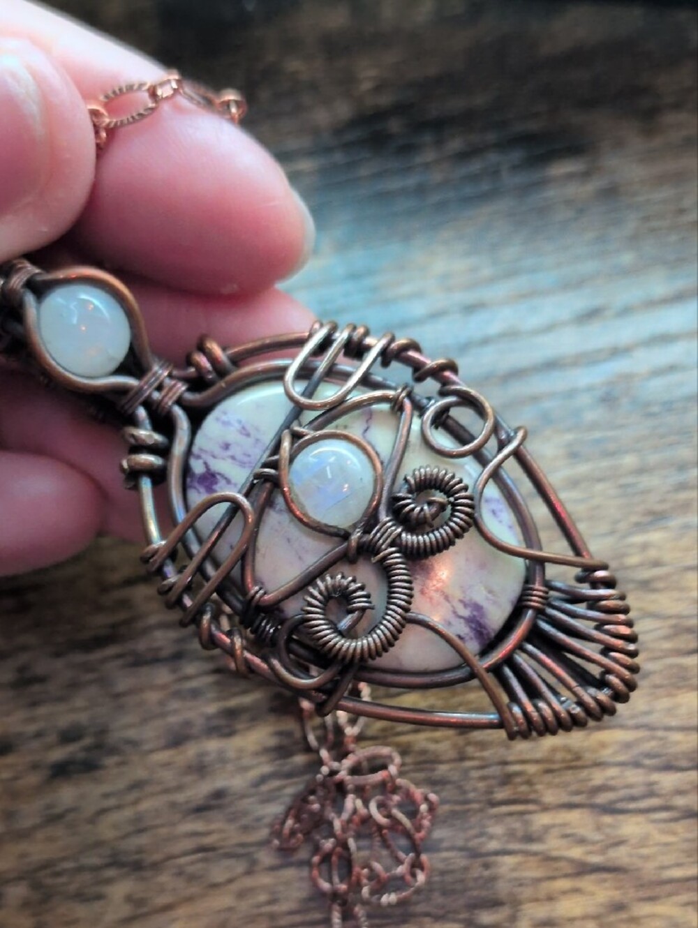 Handcrafted Copper Wire Wrapped wild horse magnesite (or jasper) stone accents